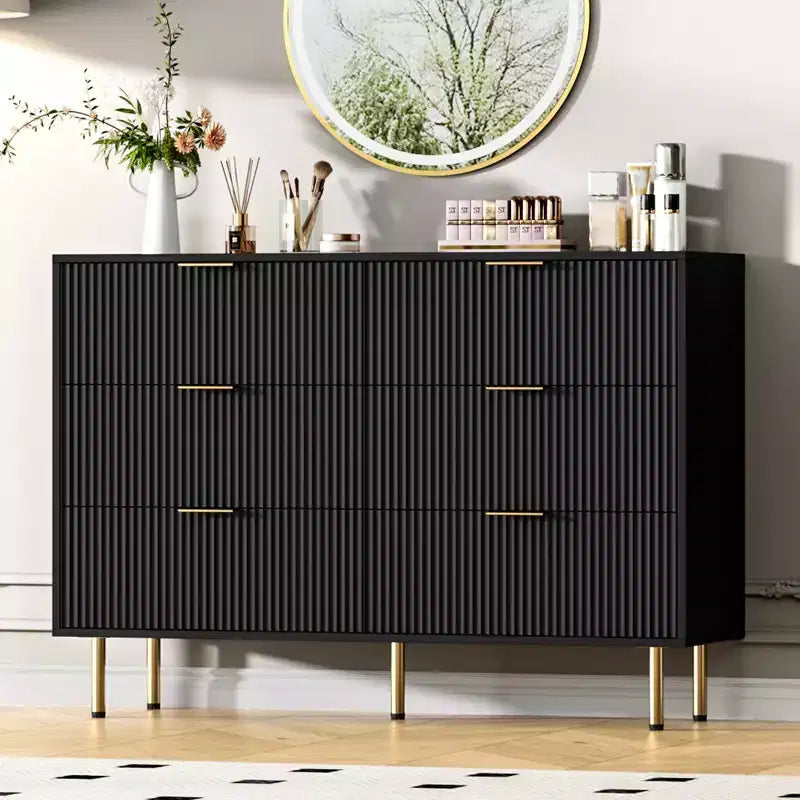 Commode en bois cannelé Garvee, 5 tiroirs pour chambre, commode haute blanche moderne avec poignée dorée, organisateur de tiroirs en bois pour salon, couloir