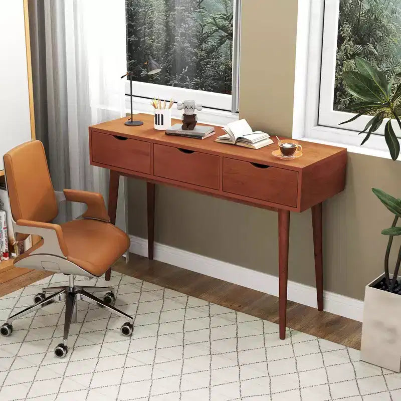 Bureau d'écriture Costway 48, bureau d'ordinateur, table de travail moderne du milieu du siècle avec 3 tiroirs