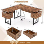Costway Bureau d'ordinateur en forme de L de 59 pouces avec prises de courant et 3 tiroirs de rangement, poste de travail informatique industriel avec cadre en métal robuste, marron rustique