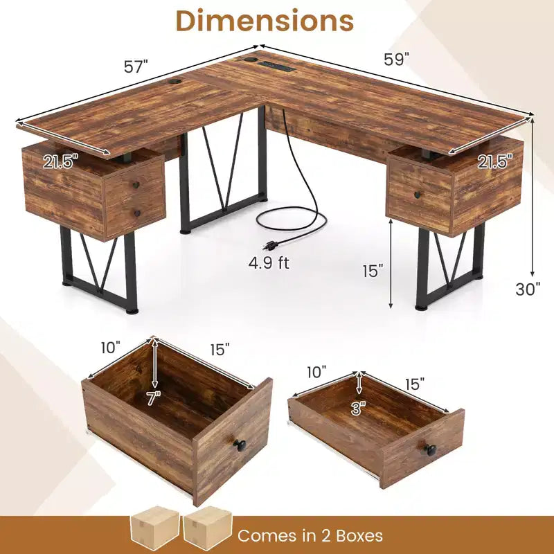 Costway Bureau d'ordinateur en forme de L de 59 pouces avec prises de courant et 3 tiroirs de rangement, poste de travail informatique industriel avec cadre en métal robuste, marron rustique