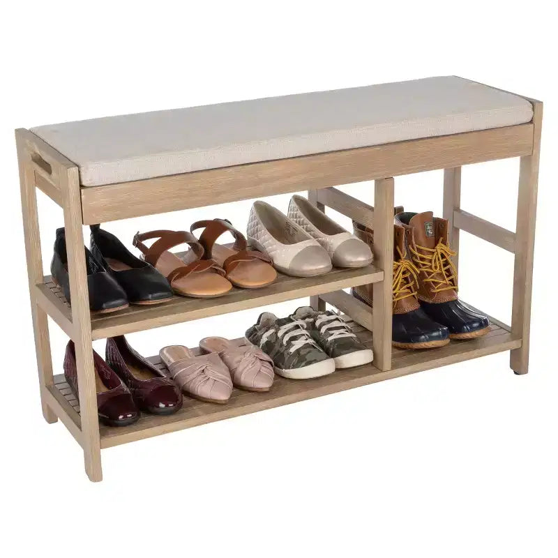 Banc à Chaussures, Étagère à Chaussures en Bois à 3 Niveaux avec Coussin Rembourré