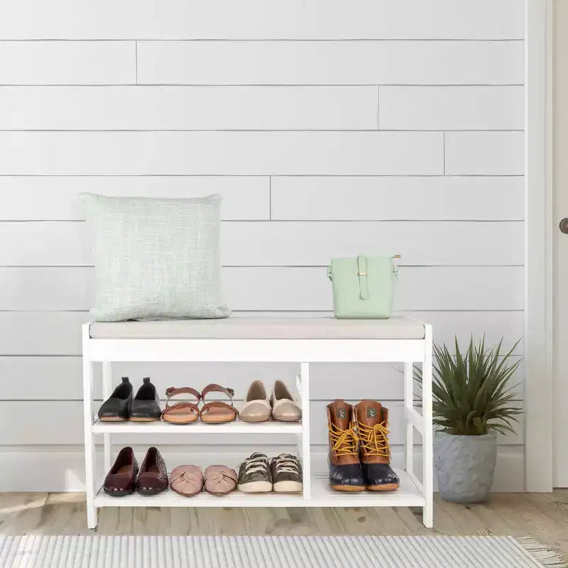 Banc à Chaussures, Étagère à Chaussures en Bois à 3 Niveaux avec Coussin Rembourré