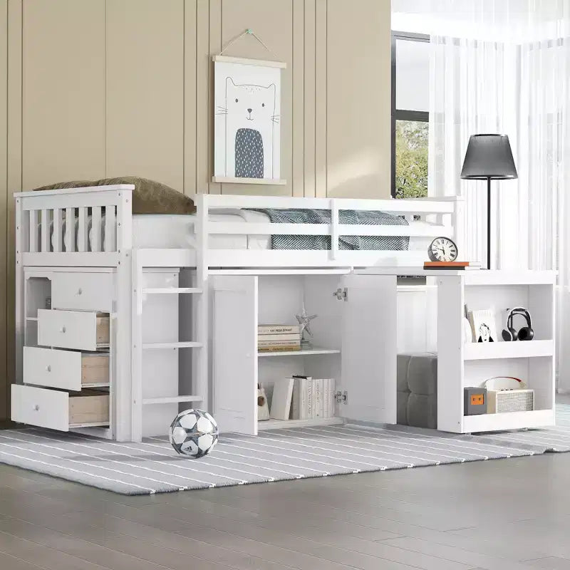 Lit mezzanine double Whisen 79,2L x 42W avec armoire de rangement, tiroir et étagère et bureau coulissant