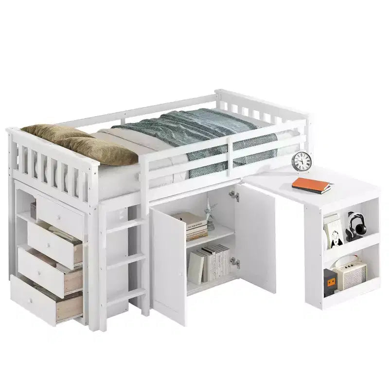 Lit mezzanine double Whisen 79,2L x 42W avec armoire de rangement, tiroir et étagère et bureau coulissant