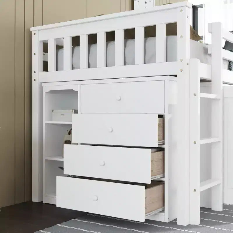 Lit mezzanine double Whisen 79,2L x 42W avec armoire de rangement, tiroir et étagère et bureau coulissant