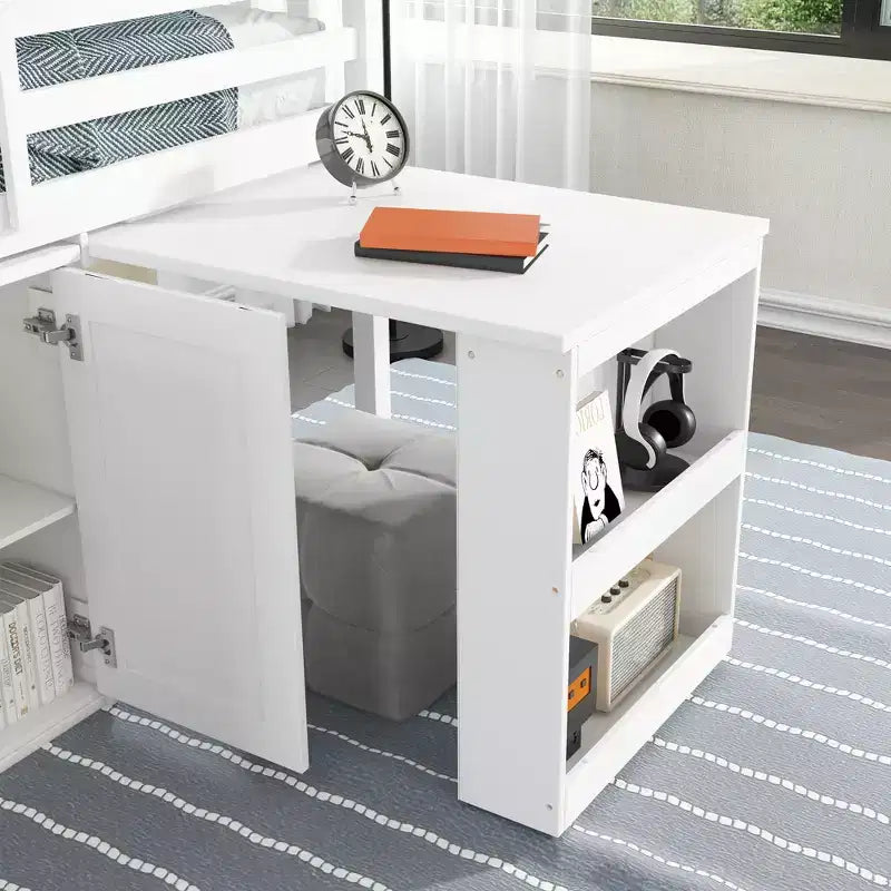 Lit mezzanine double Whisen 79,2L x 42W avec armoire de rangement, tiroir et étagère et bureau coulissant