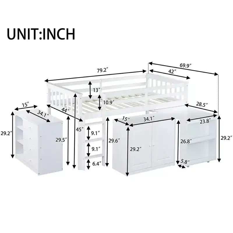 Lit mezzanine double Whisen 79,2L x 42W avec armoire de rangement, tiroir et étagère et bureau coulissant