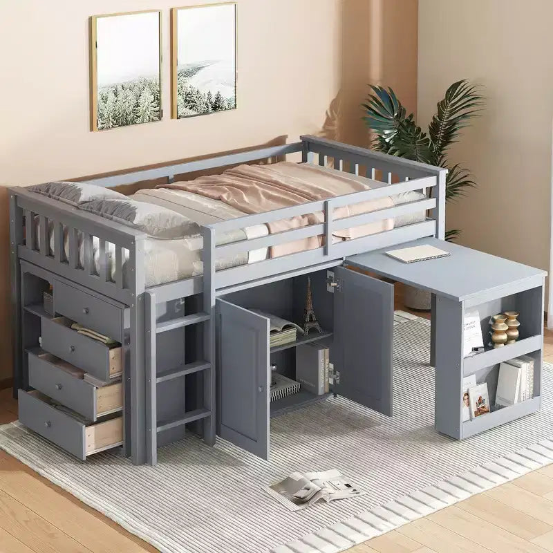 Lit mezzanine double Whisen 79,2L x 42W avec armoire de rangement, tiroir et étagère et bureau coulissant