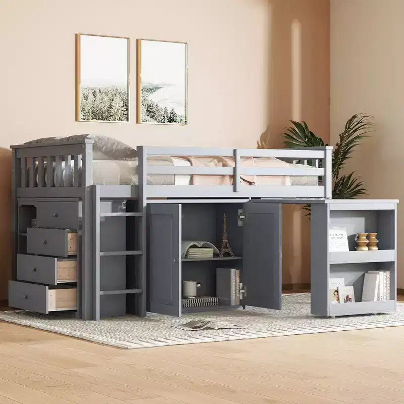 Lit mezzanine double Whisen 79,2L x 42W avec armoire de rangement, tiroir et étagère et bureau coulissant