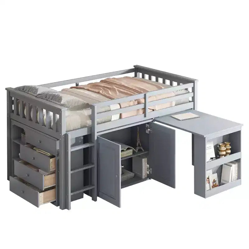 Lit mezzanine double Whisen 79,2L x 42W avec armoire de rangement, tiroir et étagère et bureau coulissant