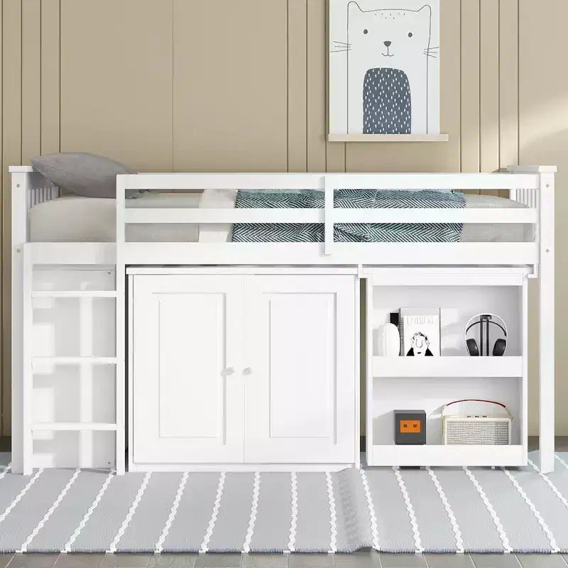 Lit mezzanine double Whisen 79,2L x 42W avec armoire de rangement, tiroir et étagère et bureau coulissant