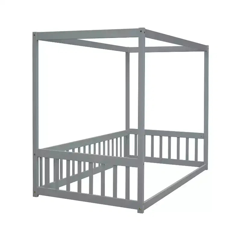 Lit au sol Montessori Whisen avec baldaquin, barrière et garde-corps, taille double minimaliste