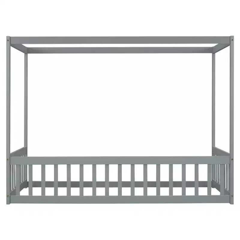 Lit au sol Montessori Whisen avec baldaquin, barrière et garde-corps, taille double minimaliste