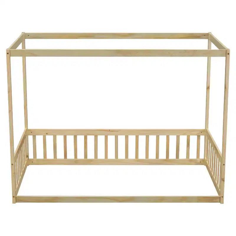 Lit au sol Montessori Whisen avec baldaquin, barrière et garde-corps, taille double minimaliste