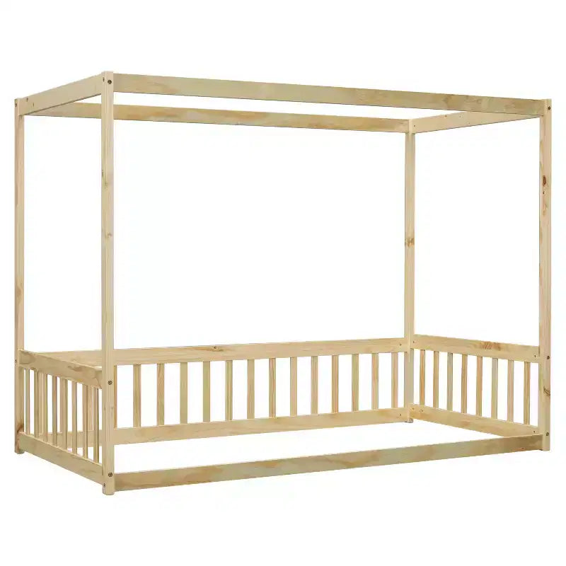 Lit au sol Montessori Whisen avec baldaquin, barrière et garde-corps, taille double minimaliste