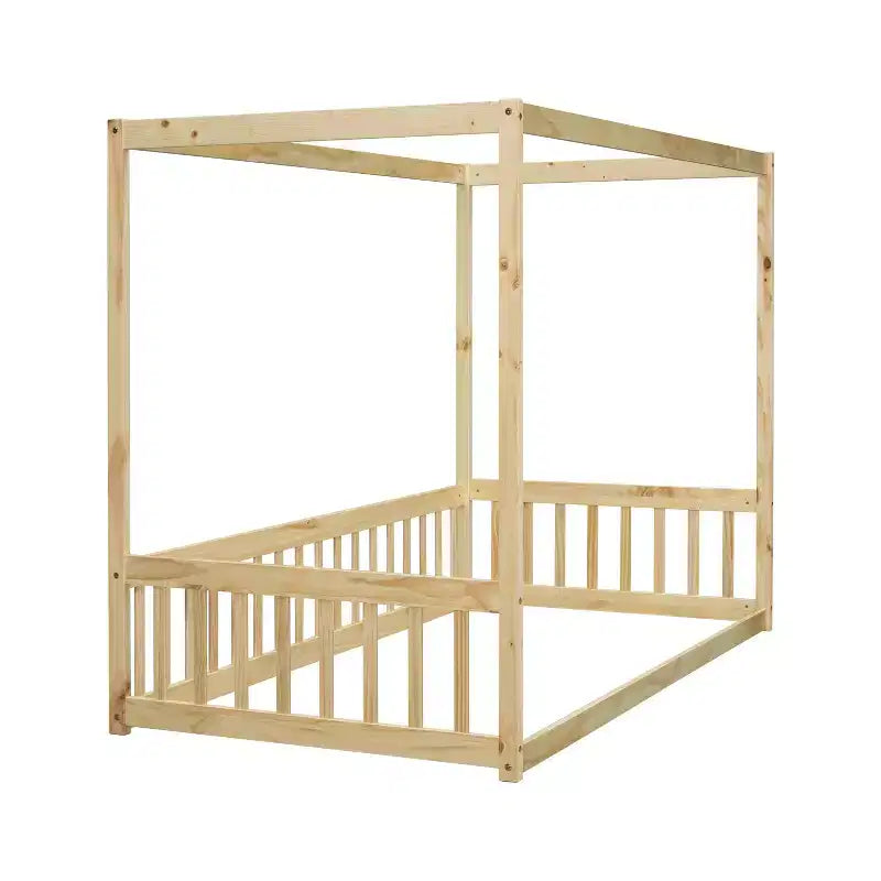 Lit au sol Montessori Whisen avec baldaquin, barrière et garde-corps, taille double minimaliste