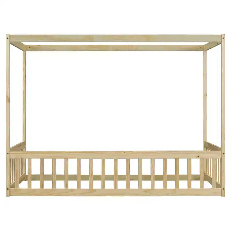 Lit au sol Montessori Whisen avec baldaquin, barrière et garde-corps, taille double minimaliste