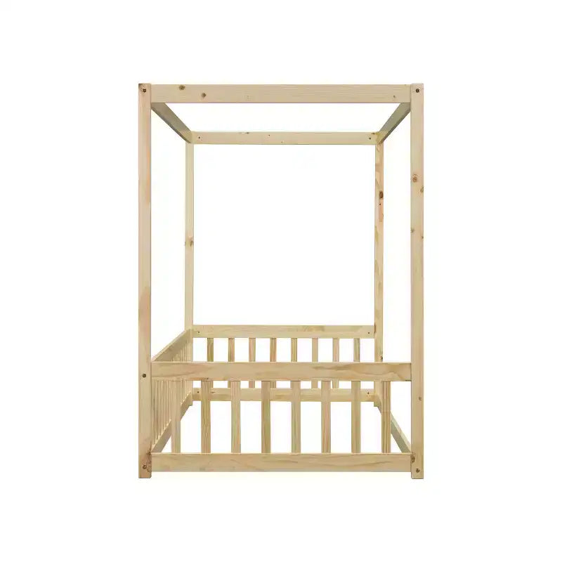 Lit au sol Montessori Whisen avec baldaquin, barrière et garde-corps, taille double minimaliste