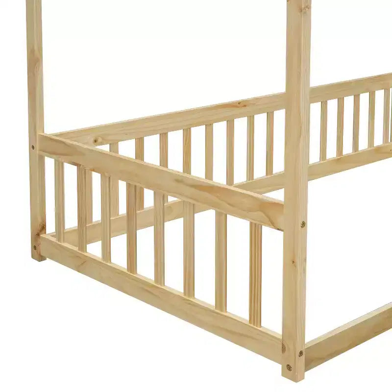 Lit au sol Montessori Whisen avec baldaquin, barrière et garde-corps, taille double minimaliste