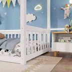 Lit au sol Montessori Whisen avec baldaquin, barrière et garde-corps, taille double minimaliste