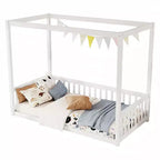 Lit au sol Montessori Whisen avec baldaquin, barrière et garde-corps, taille double minimaliste