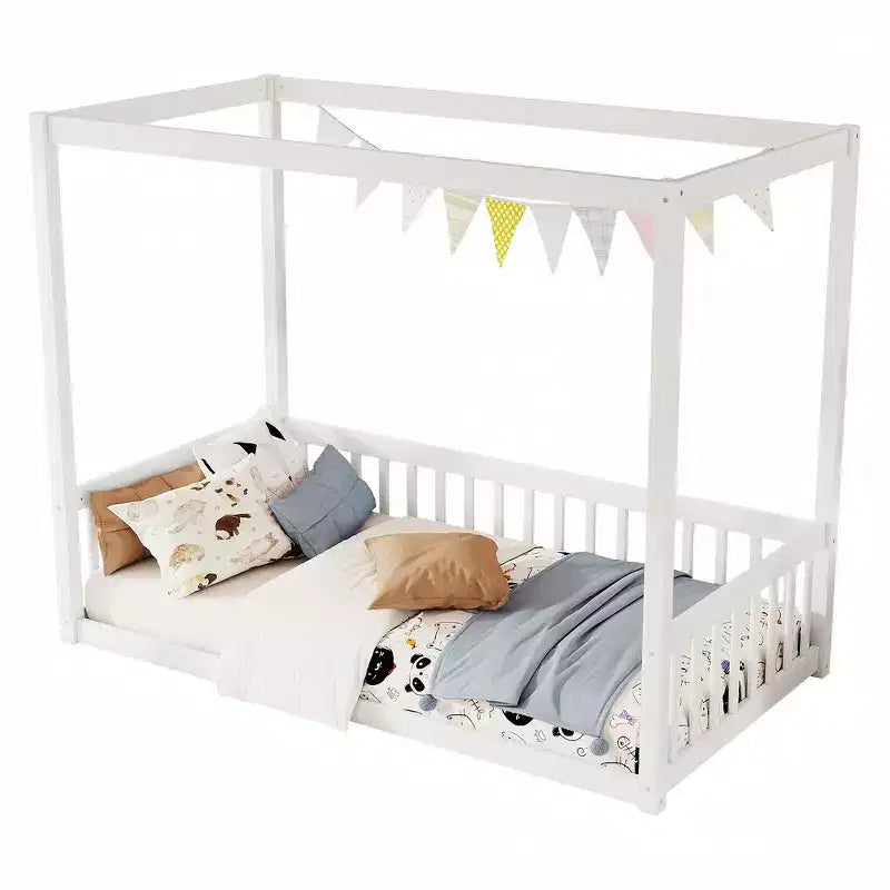 Lit au sol Montessori Whisen avec baldaquin, barrière et garde-corps, taille double minimaliste