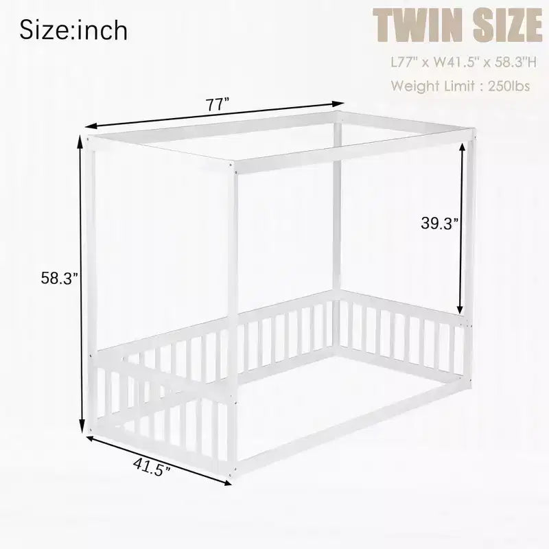 Lit au sol Montessori Whisen avec baldaquin, barrière et garde-corps, taille double minimaliste