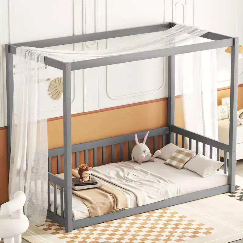 Lit au sol Montessori Whisen avec baldaquin, barrière et garde-corps, taille double minimaliste
