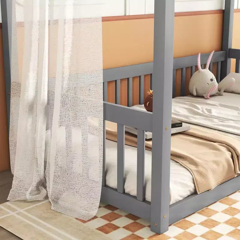Lit au sol Montessori Whisen avec baldaquin, barrière et garde-corps, taille double minimaliste