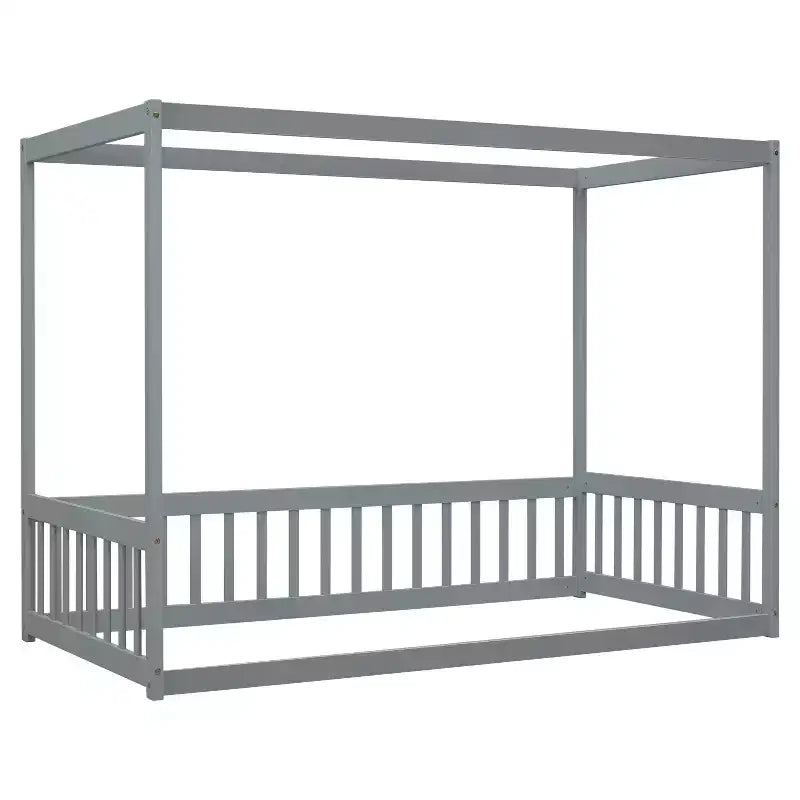 Lit au sol Montessori Whisen avec baldaquin, barrière et garde-corps, taille double minimaliste