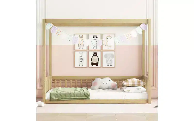 Lit au sol Montessori Whisen avec baldaquin, barrière et garde-corps, taille double minimaliste