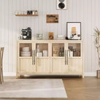 55 Modern Sideboard Buffet Cabinet with 4 Glass Doors snd Storage,for Kitchen Dining Room, Living Room (Glass with 4 Door, Pear Wood)