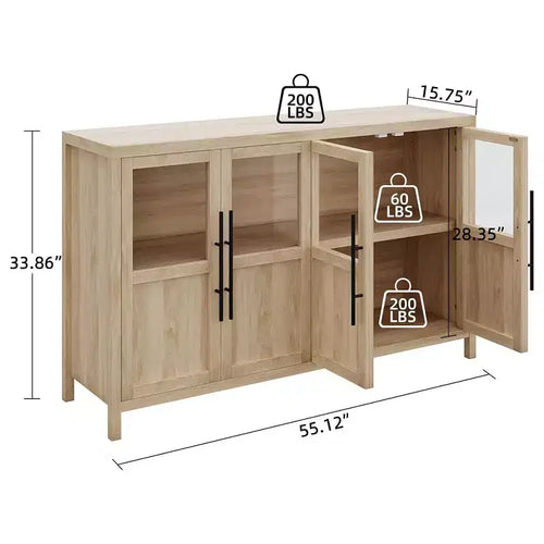 Buffet enfilade moderne 55 po avec 4 portes vitrées et rangement, pour cuisine, salle à manger, salon (Verre avec 4 portes, Noyer Américain)