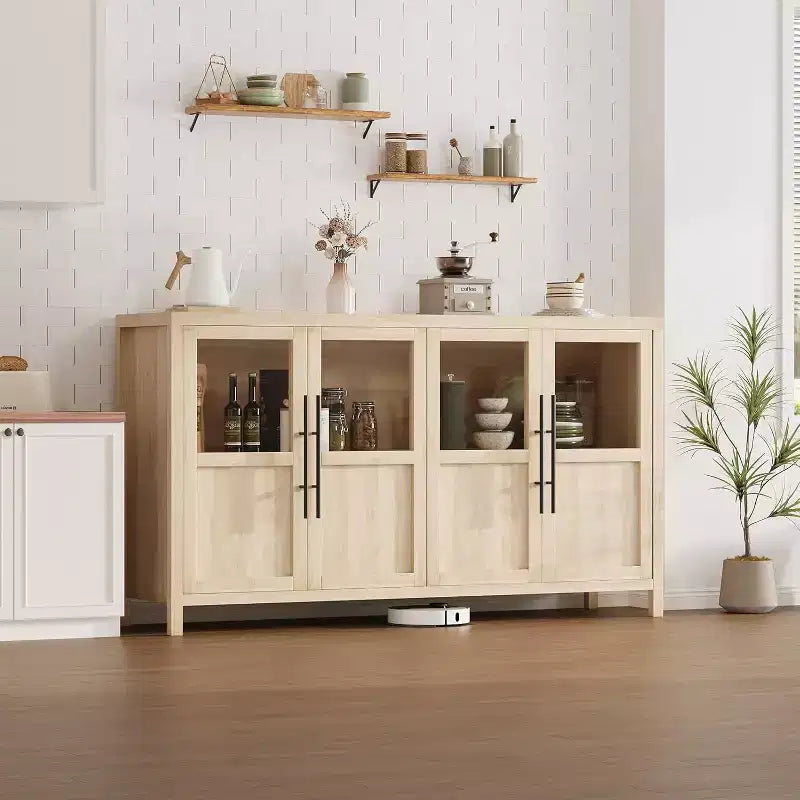 Buffet enfilade moderne 55 po avec 4 portes vitrées et rangement, pour cuisine, salle à manger, salon (Verre avec 4 portes, Noyer Américain)