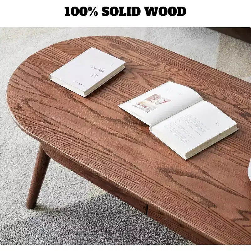 GDFStudio Yetta Table basse ovale en bois de chêne massif 47W avec deux tiroirs