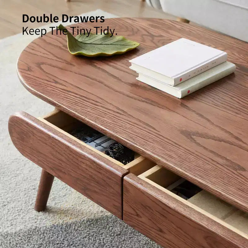 GDFStudio Yetta Table basse ovale en bois de chêne massif 47W avec deux tiroirs