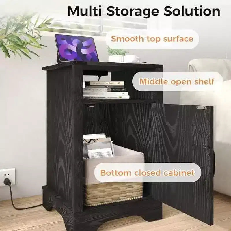 Table de chevet Heynemo Farmhouse avec station de charge, Table de chevet haute avec design en X, Table d'appoint rustique en bois