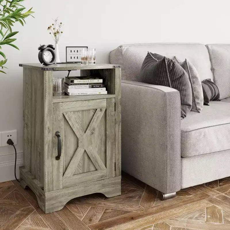 Table de chevet Heynemo Farmhouse avec station de charge, Table de chevet haute avec design en X, Table d'appoint rustique en bois