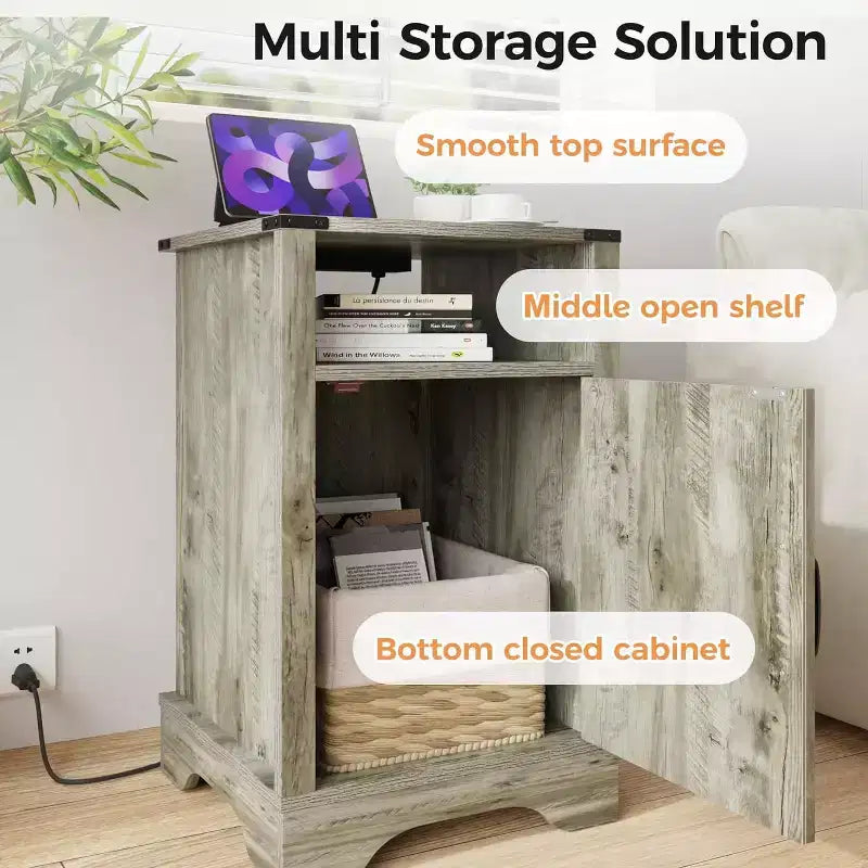 Table de chevet Heynemo Farmhouse avec station de charge, Table de chevet haute avec design en X, Table d'appoint rustique en bois