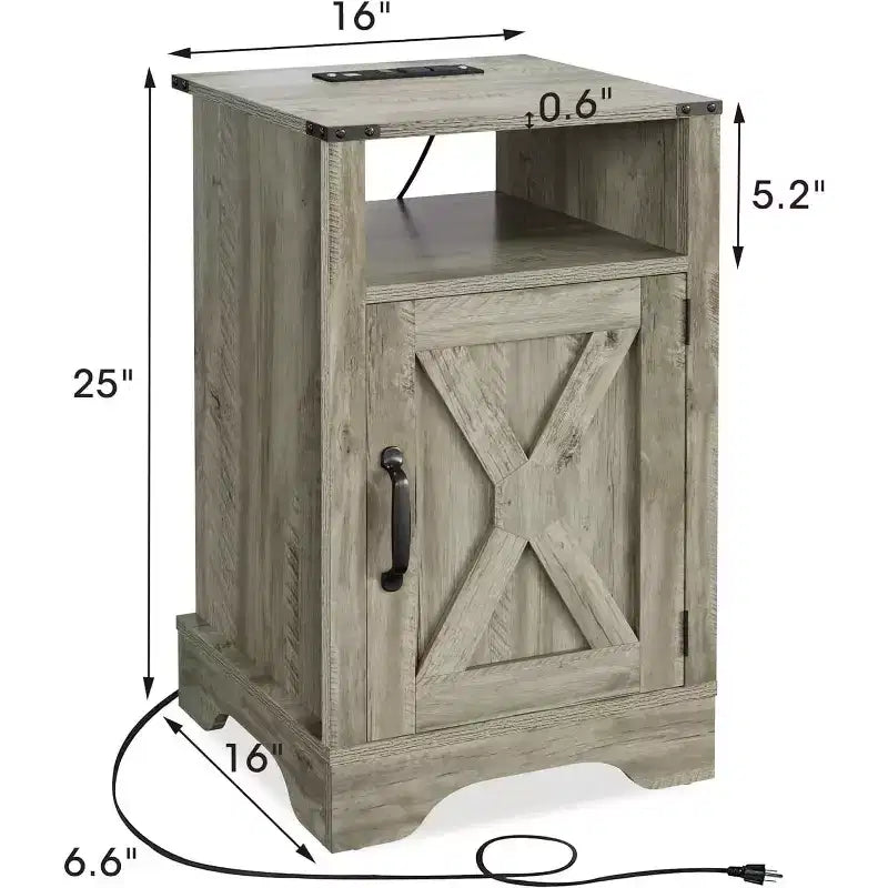 Table de chevet Heynemo Farmhouse avec station de charge, Table de chevet haute avec design en X, Table d'appoint rustique en bois