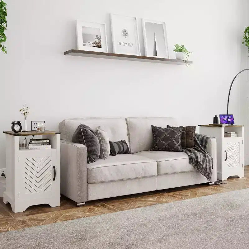 Table de chevet Heynemo Farmhouse avec station de charge, Table de chevet haute avec design en X, Table d'appoint rustique en bois
