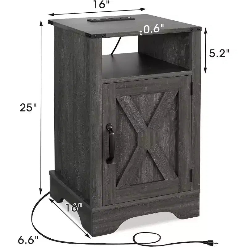 Table de chevet Heynemo Farmhouse avec station de charge, Table de chevet haute avec design en X, Table d'appoint rustique en bois