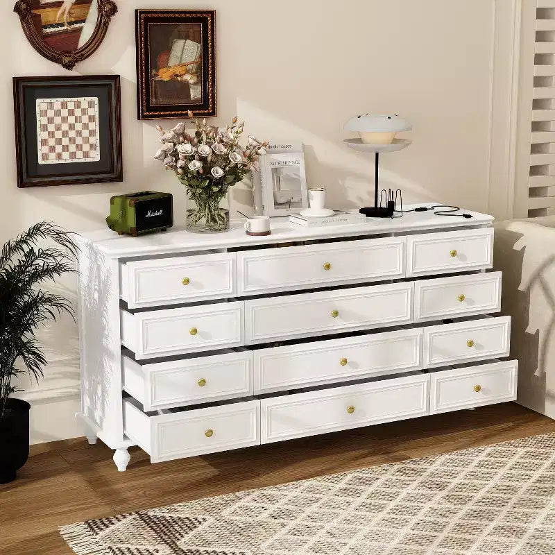 Commode Horizontale 12 Tiroirs Hitow avec Poignées en Métal Doré