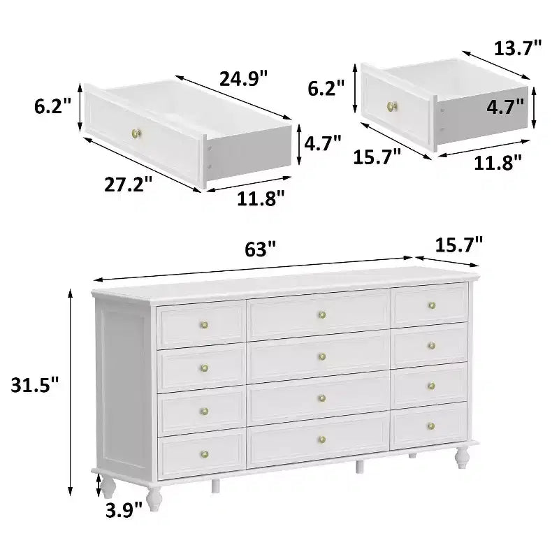 Commode Horizontale 12 Tiroirs Hitow avec Poignées en Métal Doré