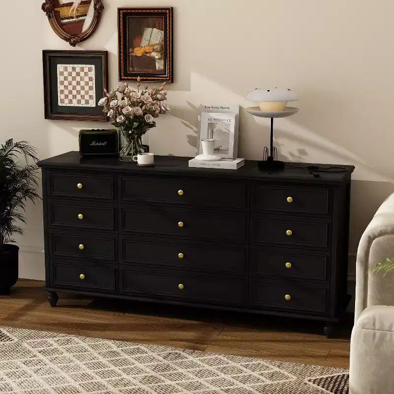 Commode Horizontale 12 Tiroirs Hitow avec Poignées en Métal Doré