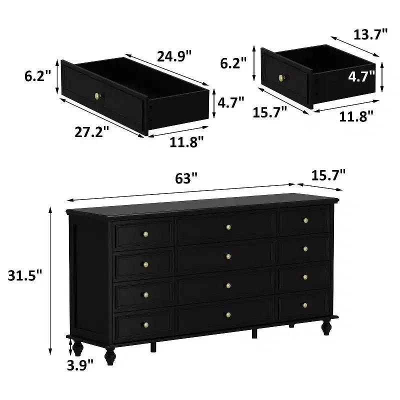Commode Horizontale 12 Tiroirs Hitow avec Poignées en Métal Doré