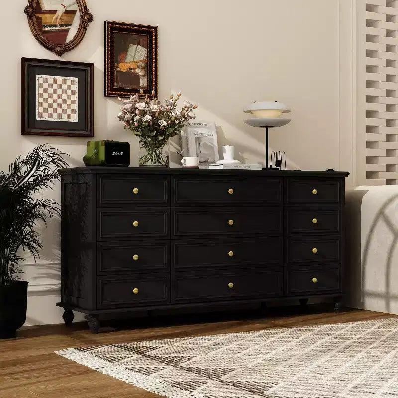 Commode Horizontale 12 Tiroirs Hitow avec Poignées en Métal Doré