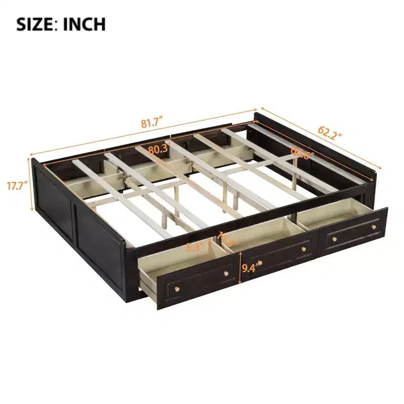 Cadre de lit plateforme en bois Whisen, taille grand lit avec 6 tiroirs