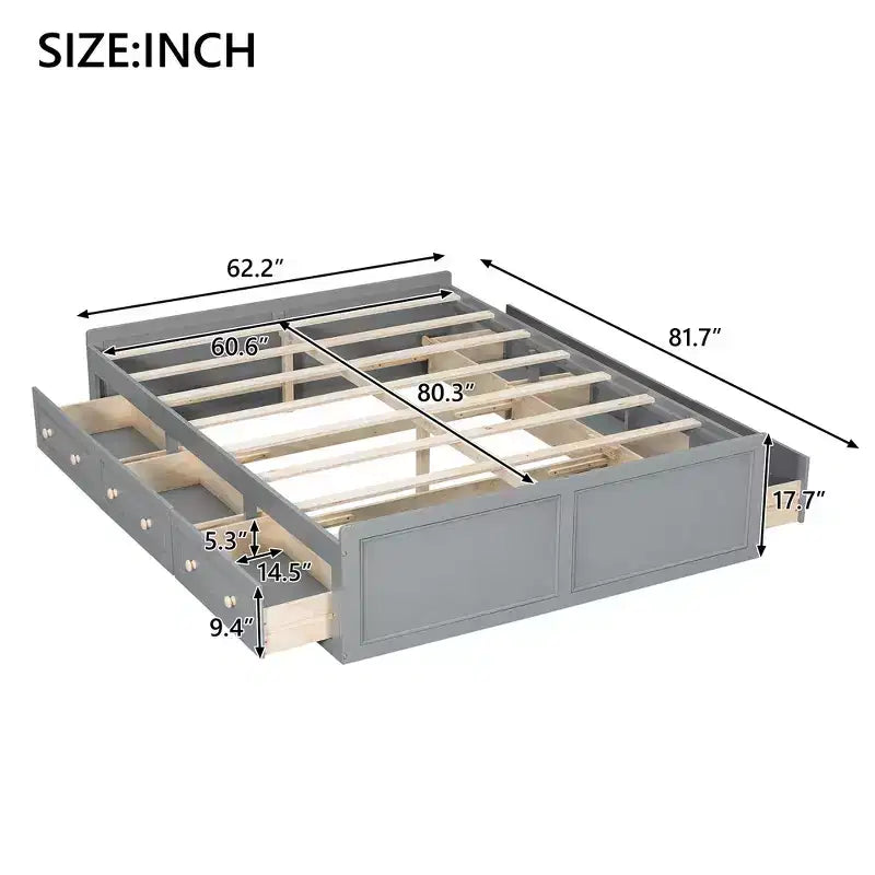 Cadre de lit plateforme en bois Whisen, taille grand lit avec 6 tiroirs