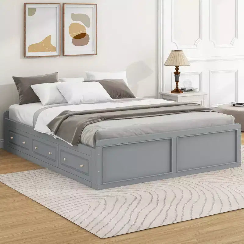 Cadre de lit plateforme en bois Whisen, taille grand lit avec 6 tiroirs